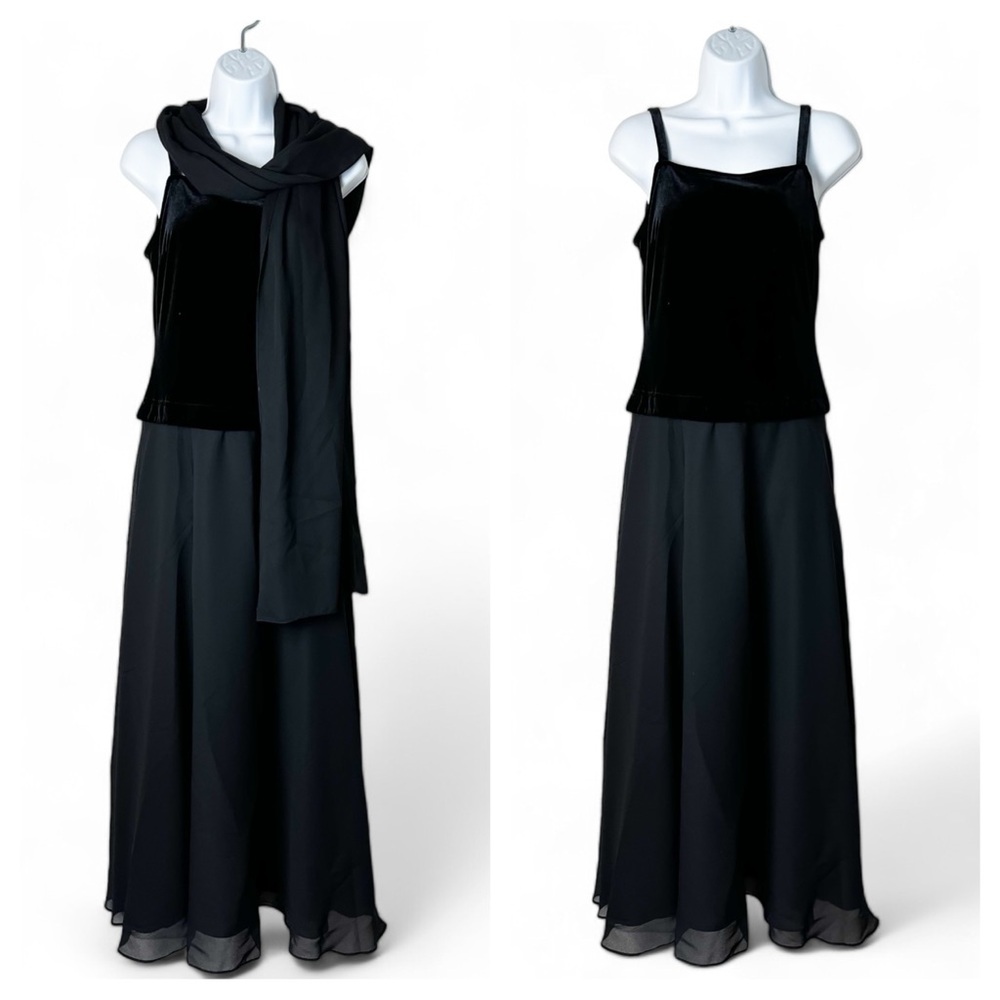 Vintage 90s Rhapsody Black Velvet Chiffon Maxi Dress & Shawl Set Whimsigoth Sm